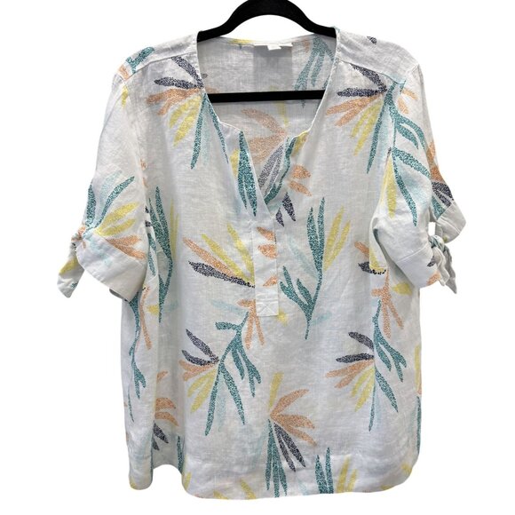 Charter Club Tops - Charter Club Luxury 100% Linen Tropical Leaf Print Top RollTab Sleeve Womens XL